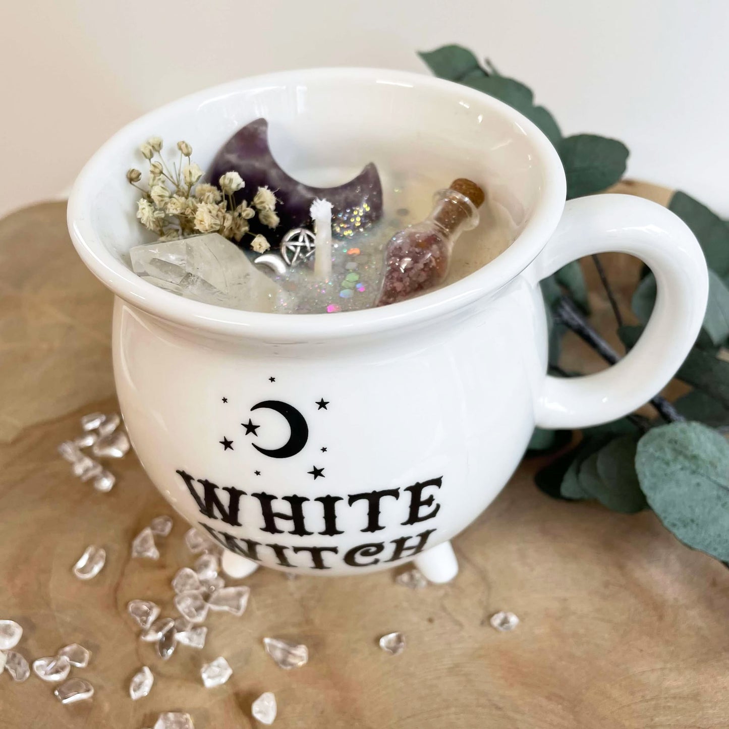 Bougie mug chaudron " White Witch " lune améthyste