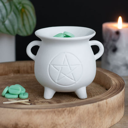 Brûleur à fondants parfumés  chaudron blanc pentacle