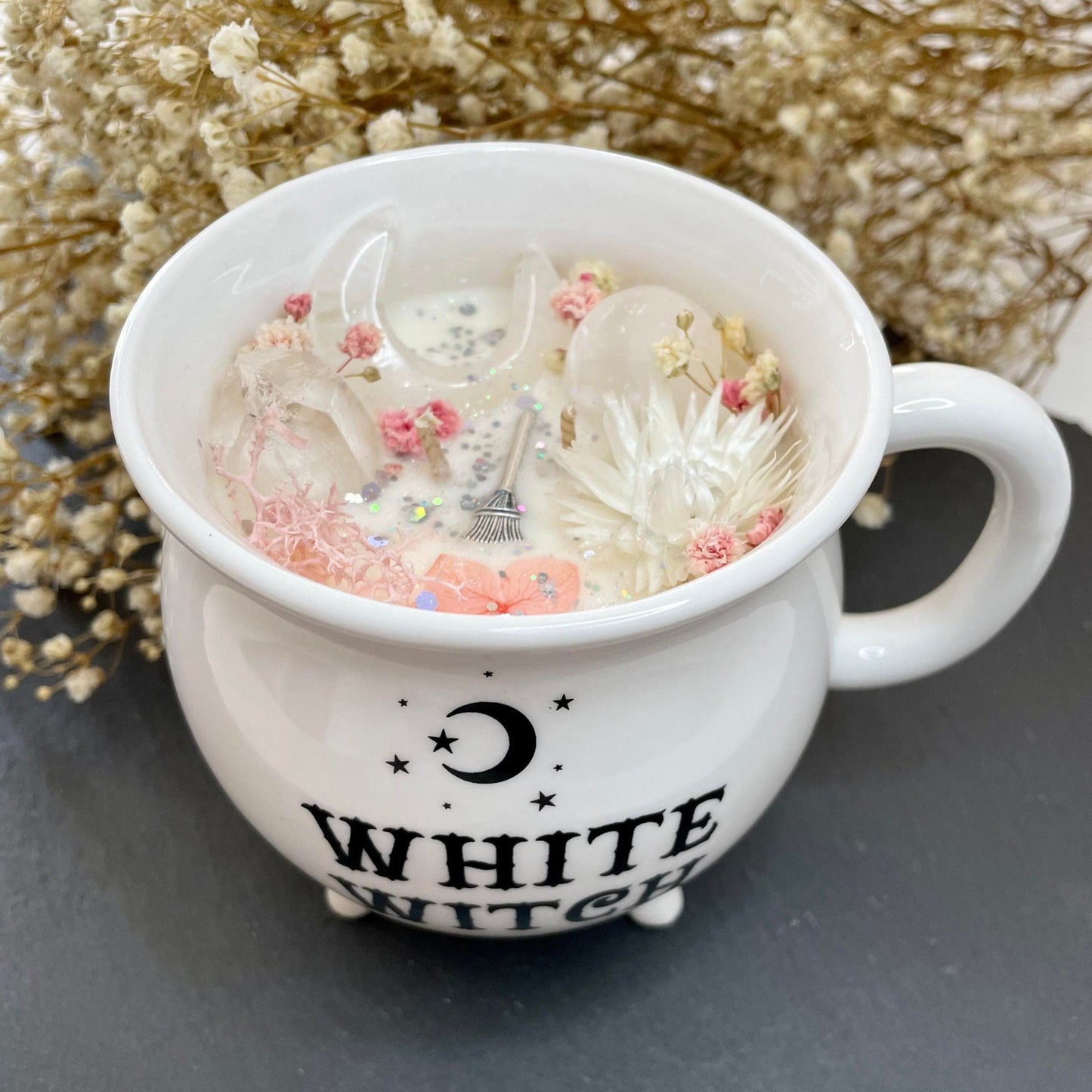 Bougie mug chaudron" sorciére blanche"- lune cristal de roche