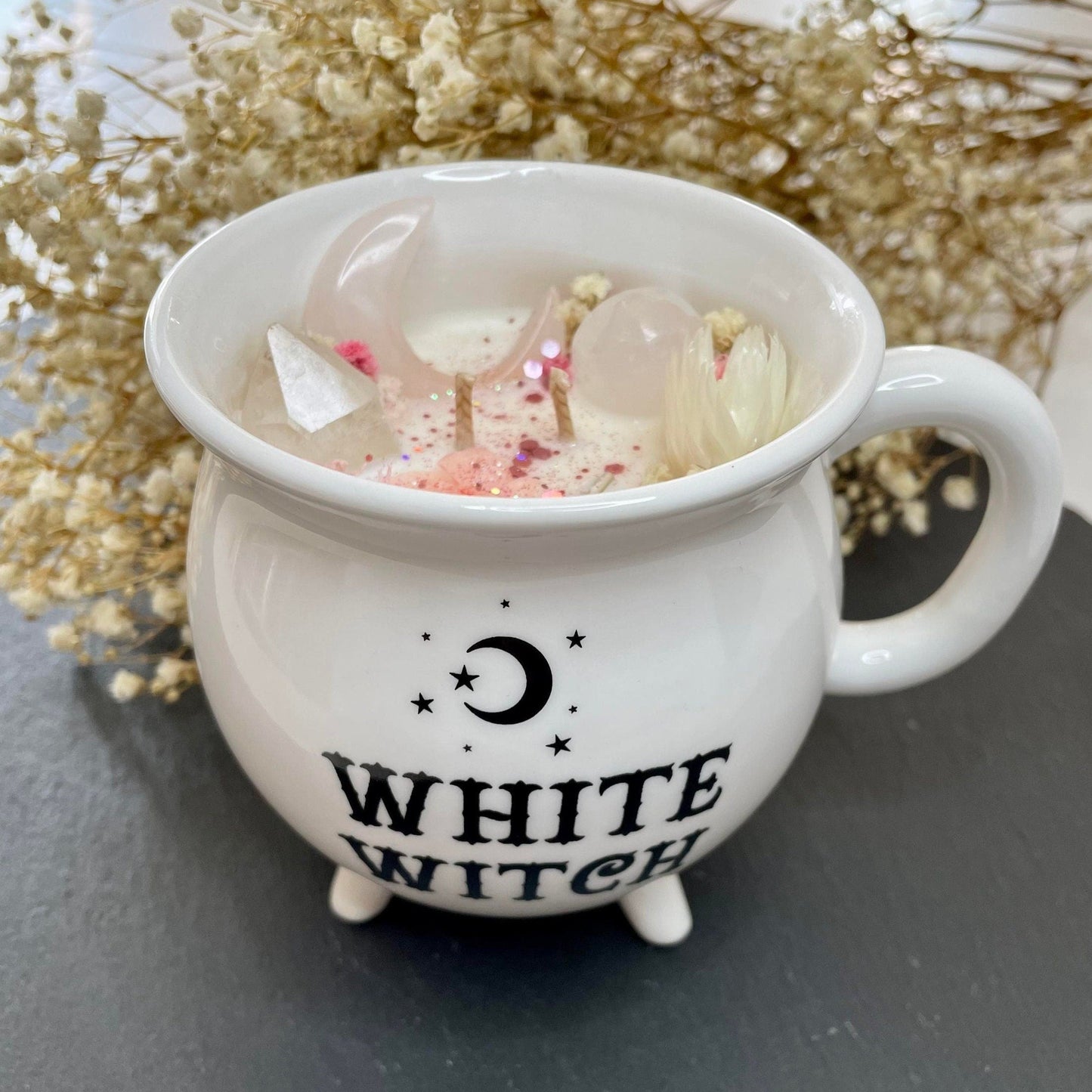 Bougie mug chaudron " sorciére blanche" - lune quartz rose